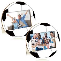 two soccer balls with three people on them and one is holding a soccer ball in the air