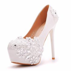 White White Pearl Heels For Party, Party White Heels With Pearl Embroidery, White Pearl High Heels, Pearl Lace, Elegant High Heels, Lace Heels, Pearl And Lace, Lace Decor, Dress Purchase