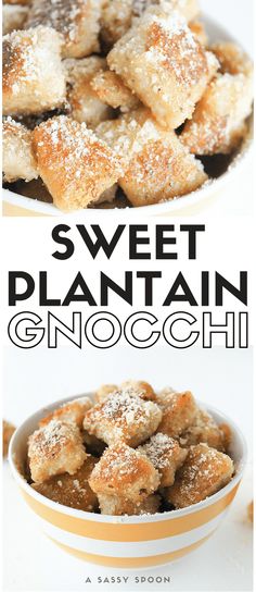 sweet plantain and gnocchini in a bowl with the title overlay