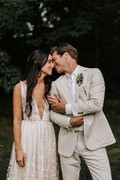 a man in a suit and woman in a wedding dress standing next to each other