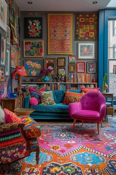 a living room filled with colorful furniture and lots of pictures on the wall above it