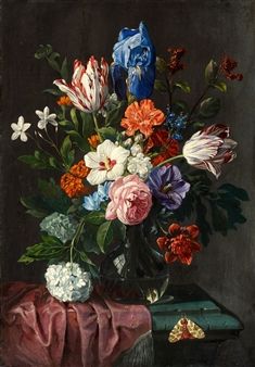 a painting of flowers in a glass vase on a table next to an open book