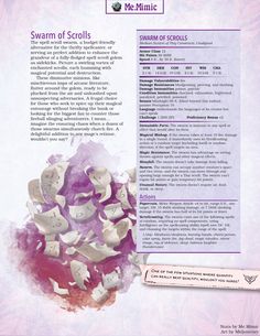 DnD 5e Full Bestiary Entry for Swarm of Scrolls by Me.Mimic Spell Scroll, Dnd City, Grand Library