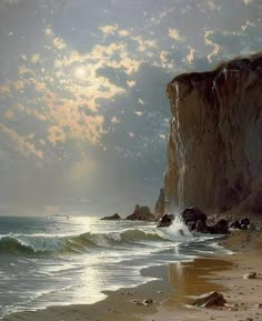 a painting of the ocean with waves coming in to shore and sun shining through clouds