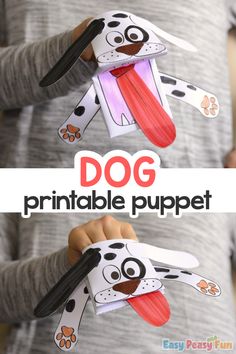 the dog printable puppet is being held by a child