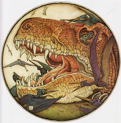 an image of a plate with dinosaurs and birds on it's side, in the style of art nouveauism