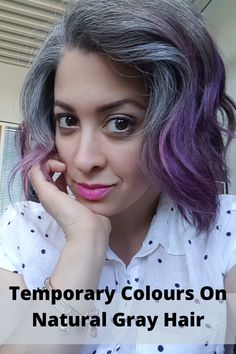 Grey Hair With Fashion Colors, Natural Gray Hair With Purple, Grey With Purple Hair, Fun Hair Color Ideas For Gray Hair, Gray Hair With Colored Tips, Grey Hair Pink Highlights, Temporary Color On Gray Hair, Grey Hair With Colored Streaks, Gray Hair Purple Highlights