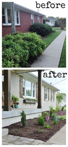 the before and after pictures of landscaping in front of a house with flowers growing on the side