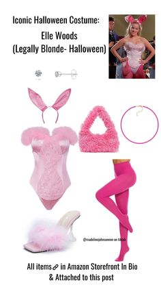 the costume is pink and has bunny ears, stockings, high heeled shoes, and an attached to this post