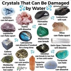 crystals that can be damaged by water is shown in this chart with the names and description