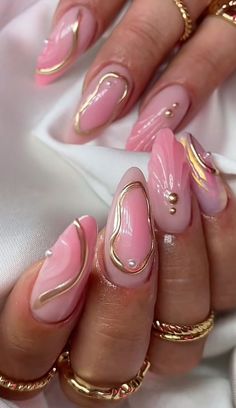 Pink B Day Nails, Pink Bday Nails Almond, Aphrodite Inspired Nails, Pink Ethereal Nails, Pink And Gold Gel Nails, Nail Art Mauve, Nails Pink Yellow, Pink Rose Nails, Aphrodite Nails