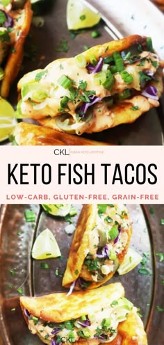 keto fish tacos on a plate with lime wedges and cilantro