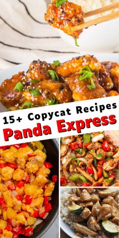 some food that is being served on chopsticks with the words 15 + copycat recipes panda express