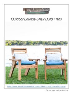 two wooden chairs sitting next to each other on top of a grass covered field with the words outdoor lounge chair build plans