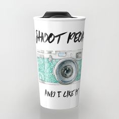 a travel mug with the words shoot record and an image of a camera on it