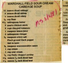 the menu for marshall field sour cream cabbage soup is shown in two separate sections