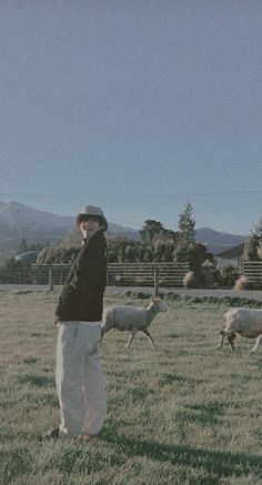 a man standing in the middle of a field with sheep