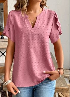 Color:Pink;Size:S;Size:M;Size:L;Size:XL;Size:2XL;Package Contents:1 X Blouse;Occasion:Other;Style:Casual; Feminine Short Sleeve Solid Color Blouse, Feminine Solid Color Summer Top, Casual Pink Solid Color Blouse, Pink Short Sleeve Solid Color Top, Pink Solid Color V-neck Tops, Pink Solid Color Shirt For Spring, Pink V-neck Solid Color Tops, Pink Fitted V-neck Shirt, Feminine Solid Color Short Sleeve Tops