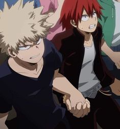 an anime character with red hair and two other characters behind him looking at the camera