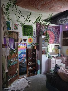 a room filled with lots of clutter and decor on the walls, including plants