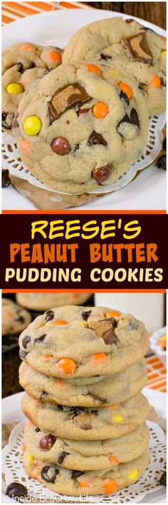 reese's peanut butter pudding cookies are stacked on top of each other and ready to be eaten