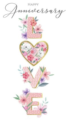 a happy anniversary card with flowers and the letter e