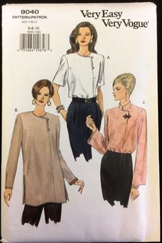 two women's tops and pants are shown in this sewing pattern, the top has buttons