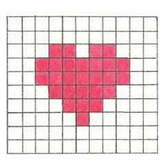 a red heart is drawn on a white grid