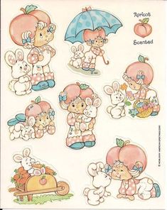 an image of some stickers with animals and apples on the top one is pink