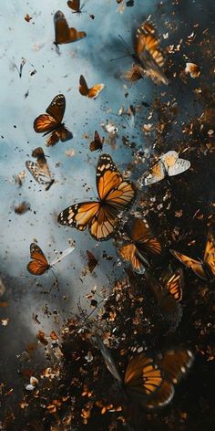 many orange butterflies flying in the air above water and dirt, with blue sky behind them