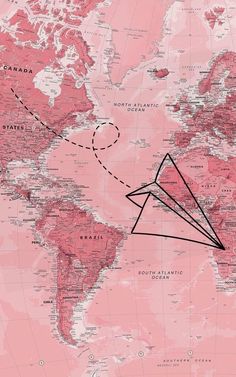 a world map with a plane flying over it and the location of each country in pink