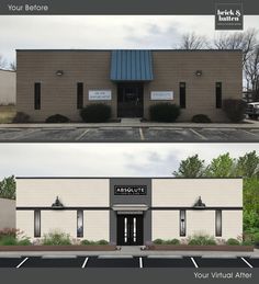 before and after photos of a commercial building