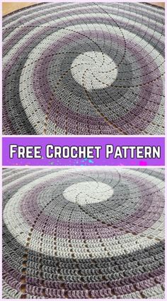 crocheted circular rug with the words free crochet pattern on top and bottom