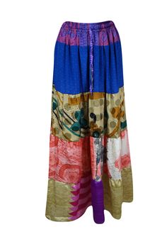 Welcome the seasons in style with this flared maxi skirt, handcrafted from upcycled saree fabric in vibrant Lapis Blue, Beige, and Floral prints. Featuring a comfortable drawstring waist and a flattering ankle-length silhouette, this skirt is perfect for trips to farmer's markets or beach festivals, allowing your bold side to shine. Available in one size (S/M/L), this Boho Maxi Skirt merges bold fashion with eco-friendly sustainability. Its unique and captivating design, made from recycled silk Skirt Patchwork, Flare Maxi Skirt, Beach Festival, Maxi Skirt Boho, Lapis Blue, Boho Pants, Floral Maxi Skirt, Boho Skirts, Saree Fabric