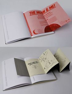 an open book with drawings on it and the pages opened to show information about the moon