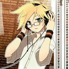 an anime character is listening to music with headphones and holding his hands behind his ears