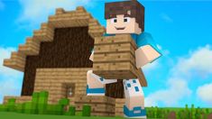 a minecraft character holding a block in front of a house with grass and blue sky