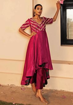 Rani Pink Dot Print Embroidered Anarkali Set Seeaash - Fabilicious Fashion Dotti Dresses, Cutdana Embroidery, Pink Anarkali, Simple Kurti, Sangeet Outfit, Western Dresses For Women, Trendy Outfits Indian, Print And Embroidery, Rani Pink