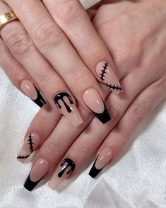 Halloween Nail Almond Shape, Wednesday Addams Nails Short, Gothic Nail Art Coffin, Minimal Spooky Nails, Simple Black And White Halloween Nails, Easy Gel Nail Designs Halloween, Nightmare Before Christmas Nails Almond, Black Witchy Nails Short, Nails For Witches