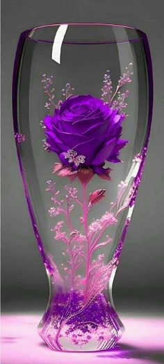 a glass vase with purple flowers in it