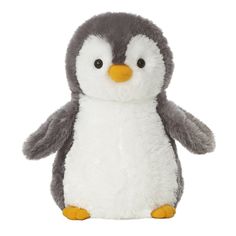 a grey and white penguin stuffed animal on a white background