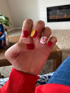 Chiefs Inspired Nails, Kanas City Chiefs Nails, Kansas City Chiefs Acrylic Nails, Super Bowl Nails Chiefs, Chief Nails Kansas City, Kansas City Nails, Kansas City Chiefs Nails Designs, Chief Nails