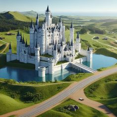 an aerial view of a castle in the middle of a green field with a road going through it