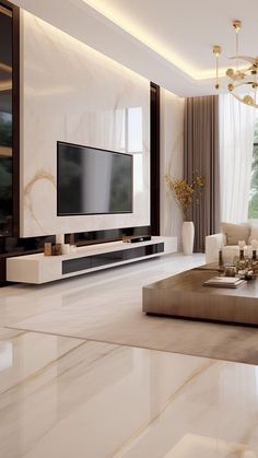 a modern living room with white walls and marble flooring, large flat screen tv on the wall