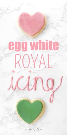 an egg white and royal icing cookie on a marble surface with the words, egg white & royal icing