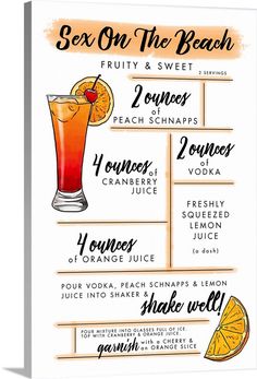 an orange drink poster with the names of each beverage and its ingredients on it's side