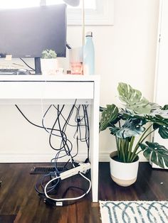 a white desk with a computer on top of it and a potted plant next to it