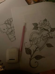 two drawings on paper with pencils and ink in the shape of hearts, roses and an elephant