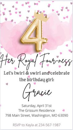 Party graphics have never been easier! The perfect invitation design for a beautiful fourth birthday party! *All you need is a FREE Canva account. *Very simple to edit - and includes lifetime access. *You will receive a PDF upon download that will direct you to the editable template in CANVA. Her Royal Fourness Party, 4 Girl Birthday Party Ideas, 4th Bday Party Girl Theme, 4th Birthday Princess Party, Girl Fourth Birthday Party Ideas, Fourth Birthday Party Theme, Girl 4th Birthday Party Ideas, Four Ever A Princess Birthday, 4 Year Birthday Party Ideas