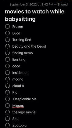 the movie list for movies to watch while babysitting